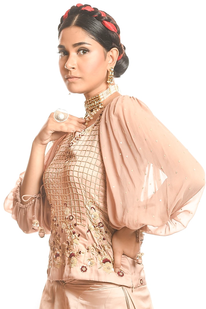 Beige Silk Pant Set by Debarun at Pernia's Pop Up Shop