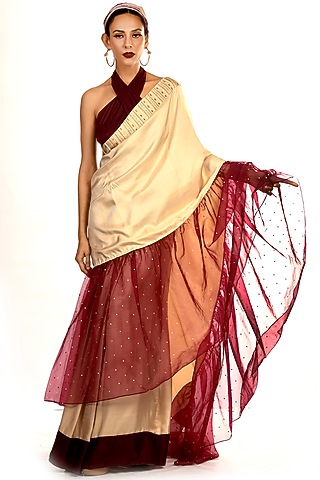 Beige & Burgundy Stitched Satin Saree Set by Debarun