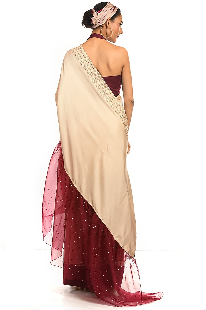 Beige & Burgundy Stitched Satin Wedding Saree Set by Debarun at Pernia's Pop Up Shop