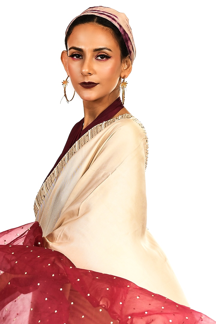 Beige & Burgundy Stitched Satin Wedding Saree Set by Debarun at Pernia's Pop Up Shop