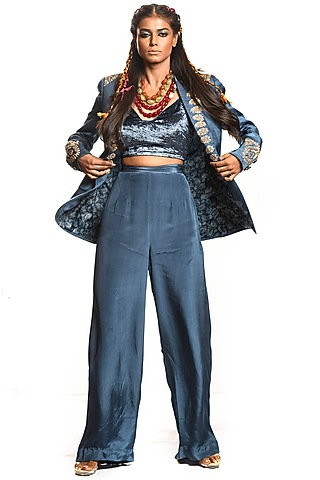 Blue-Grey Embroidered Blazer Set by Debarun