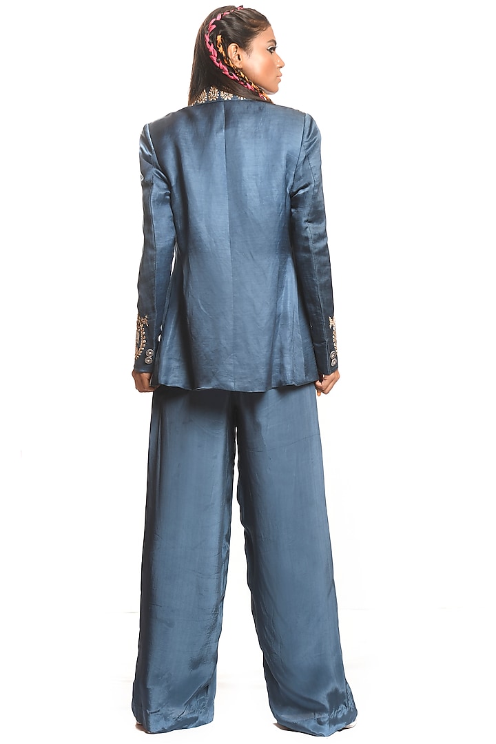 Blue-Grey Embroidered Blazer Set by Debarun at Pernia's Pop Up Shop