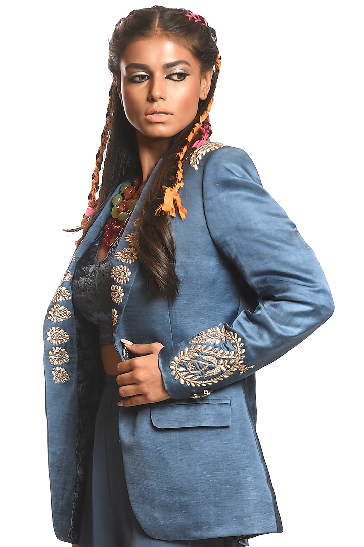 Blue-Grey Embroidered Blazer Set by Debarun at Pernia's Pop Up Shop