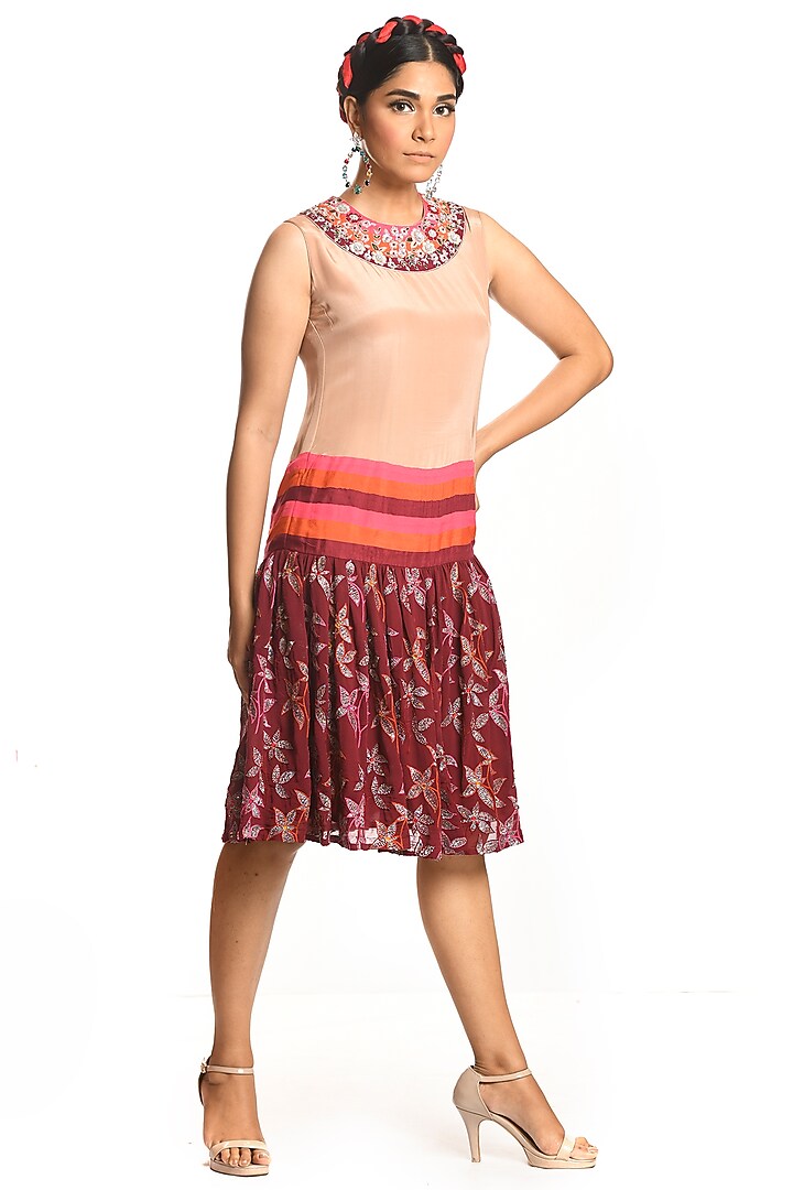 Beige & Burgundy Embroidered Tunic by Debarun