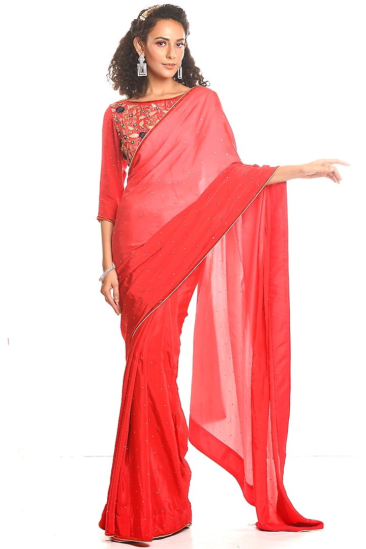 Pink Silk Saree Set by Debarun