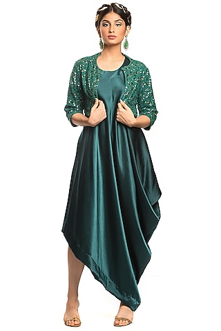 Bottle Green Embroidered Jacket Dress by Debarun