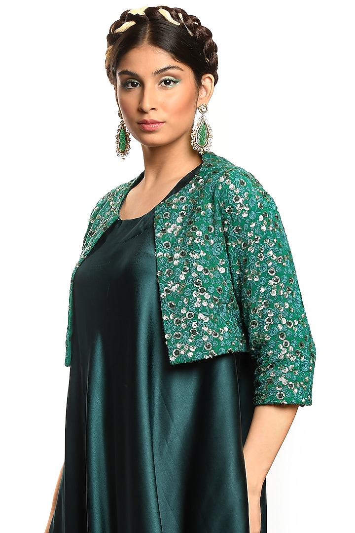 Bottle Green Embroidered Jacket Vacation Dress by Debarun at Pernia's Pop Up Shop