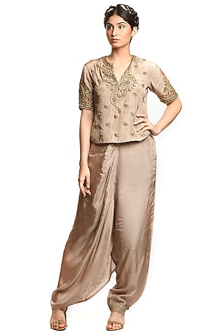 Beige Satin Dhoti Pant Set by Debarun