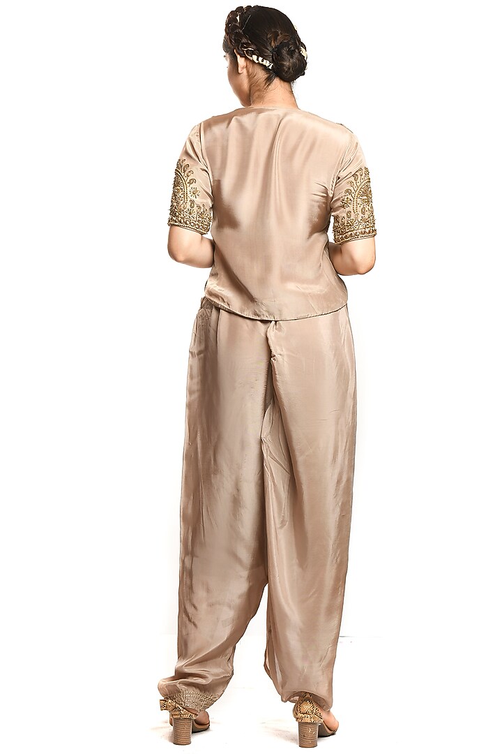 Beige Satin Dhoti Pant Set by Debarun at Pernia's Pop Up Shop