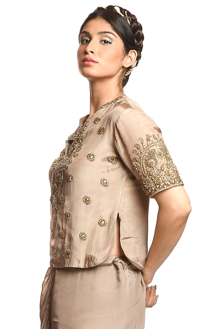 Beige Satin Dhoti Pant Set by Debarun at Pernia's Pop Up Shop