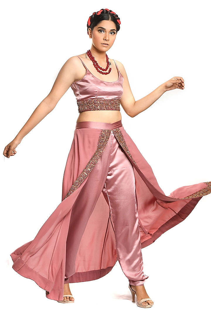 Onion Pink Embroidered Cape Pant Set by Debarun