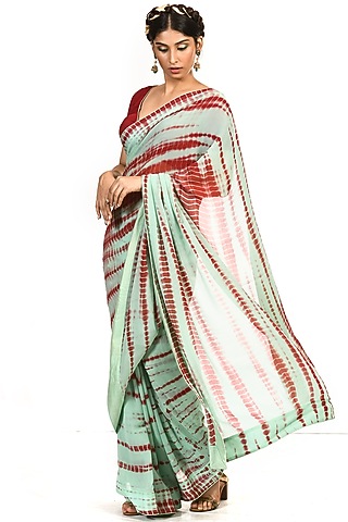 Mint Green & Plum Red Shibori Saree Set by Debarun