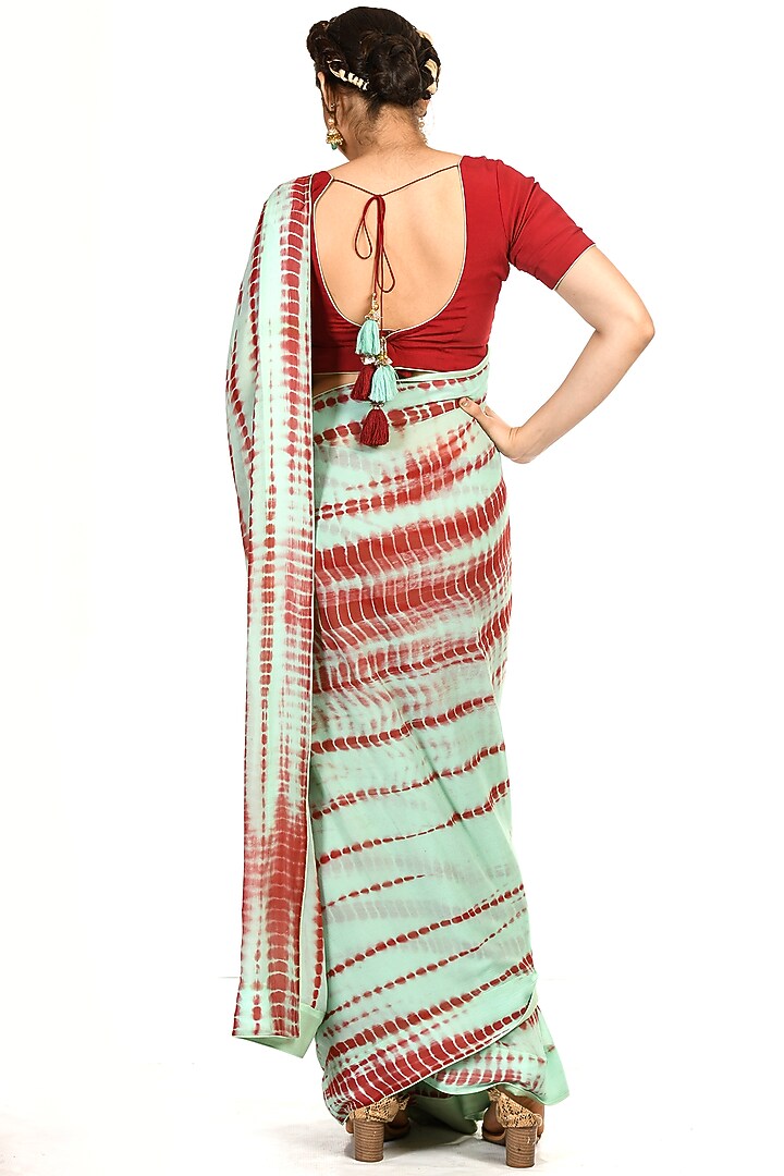 Mint Green & Plum Red Shibori Party Wear Saree Set by Debarun at Pernia's Pop Up Shop