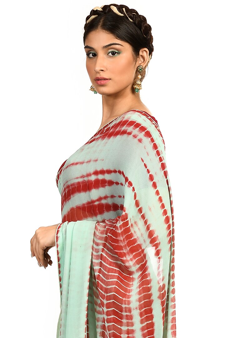 Mint Green & Plum Red Shibori Party Wear Saree Set by Debarun at Pernia's Pop Up Shop