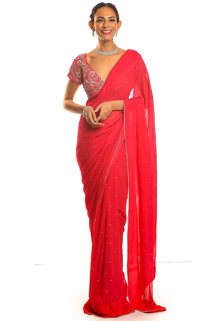 Vermilion Satin Saree Set by Debarun