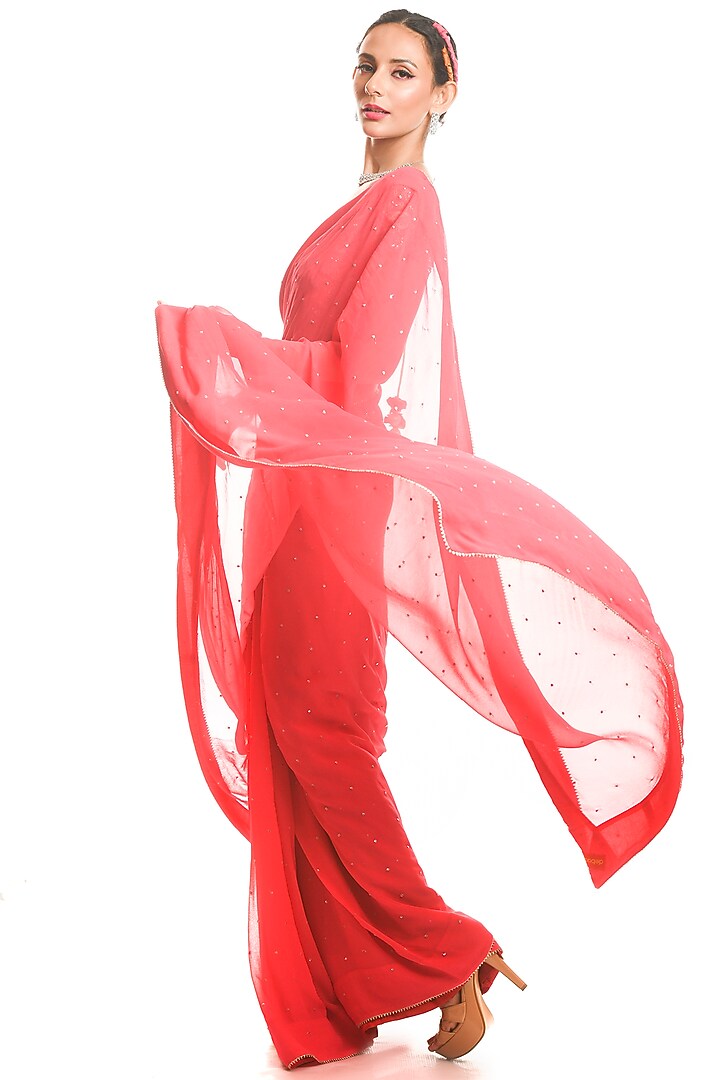 Vermilion Satin Party Wear Saree Set by Debarun at Pernia's Pop Up Shop