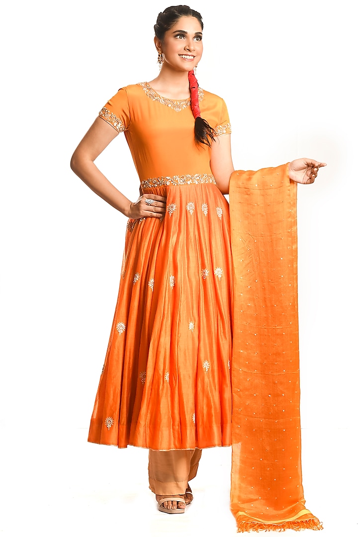 Orange Embroidered Anarkali Set by Debarun