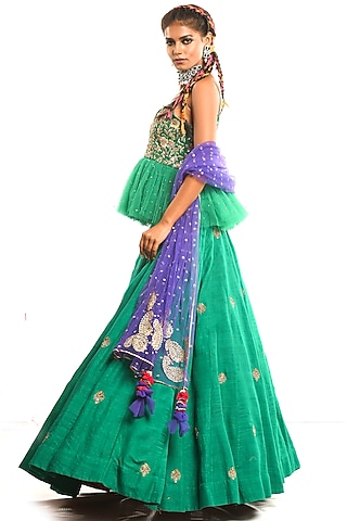 Emerald Green Embroidered Lehenga Set by Debarun