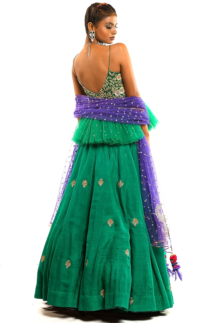 Emerald Green Embroidered Wedding Lehenga Set by Debarun at Pernia's Pop Up Shop