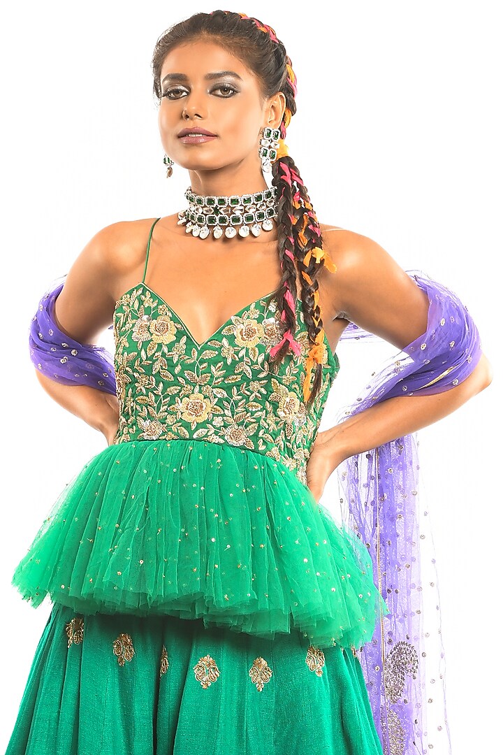 Emerald Green Embroidered Wedding Lehenga Set by Debarun at Pernia's Pop Up Shop