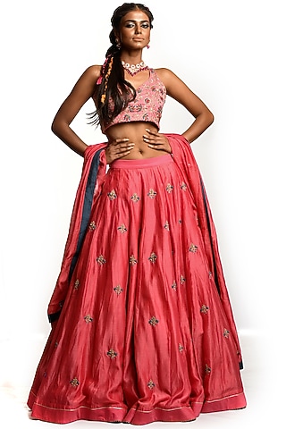 Pink Lehenga Set In Chanderi by Debarun