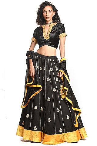 Black & Mustard Khadi Silk Lehenga Set by Debarun