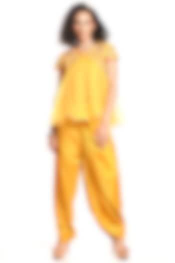 Yellow Silk Dhoti Pant Set by Debarun