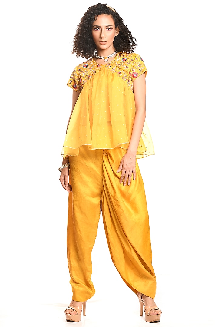 Yellow Silk Dhoti Pant Set by Debarun
