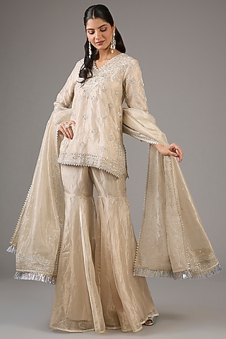 Silver Tissue Sharara Set by Devika Bhayana