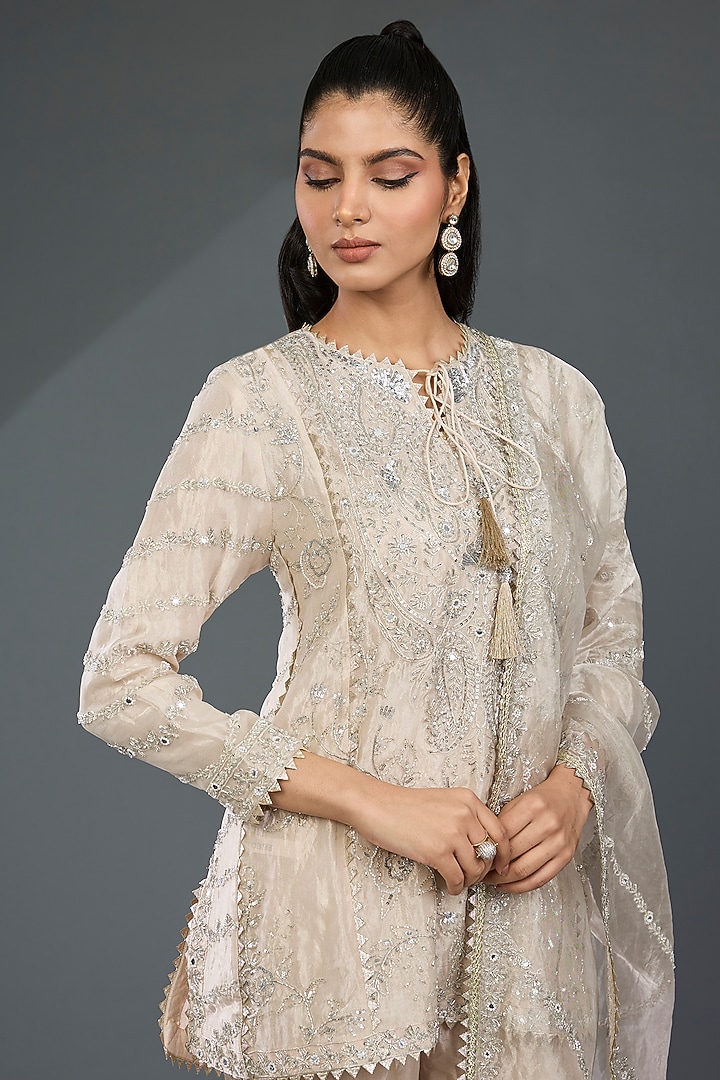 Silver Tissue Hand & Machine Embroidered Kurta Set by Devika Bhayana at Pernia's Pop Up Shop