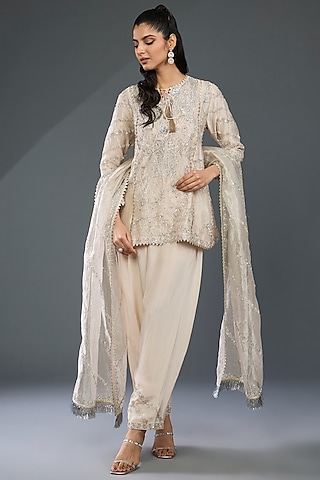 Silver Tissue Hand & Machine Embroidered Kurta Set by Devika Bhayana