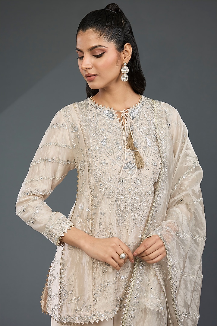 Silver Tissue Hand & Machine Embroidered Kurta Set by Devika Bhayana at Pernia's Pop Up Shop
