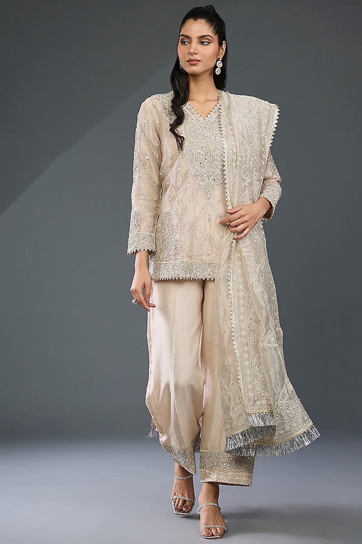 Silver Tissue Hand & Machine Embroidered Kurta Set by Devika Bhayana at Pernia's Pop Up Shop