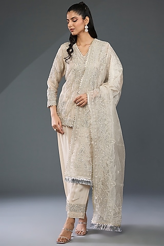 Silver Tissue Hand & Machine Embroidered Kurta Set by Devika Bhayana