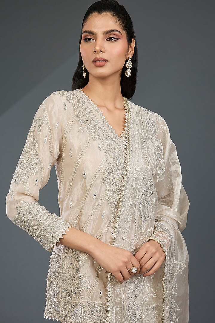 Silver Tissue Hand & Machine Embroidered Kurta Set by Devika Bhayana at Pernia's Pop Up Shop