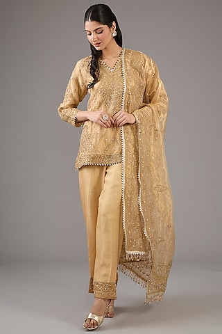 Gold Tissue Hand & Machine Embroidered Kurta Set by Devika Bhayana
