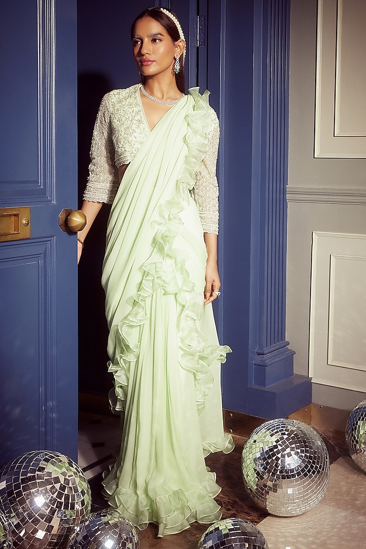 Mint Green Georgette & Organza Ruffled Pre-Draped Saree Set by Devika Bhayana at Pernia's Pop Up Shop