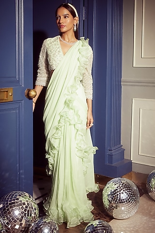 Mint Green Georgette & Organza Ruffled Pre-Draped Saree Set by Devika Bhayana
