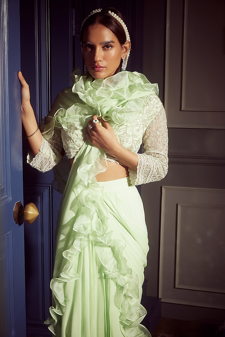 Mint Green Georgette & Organza Ruffled Pre-Draped Reception Saree Set by Devika Bhayana at Pernia's Pop Up Shop