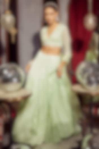 Mint Green Silk Pearl Embellished Wedding Lehenga Set by Devika Bhayana at Pernia's Pop Up Shop