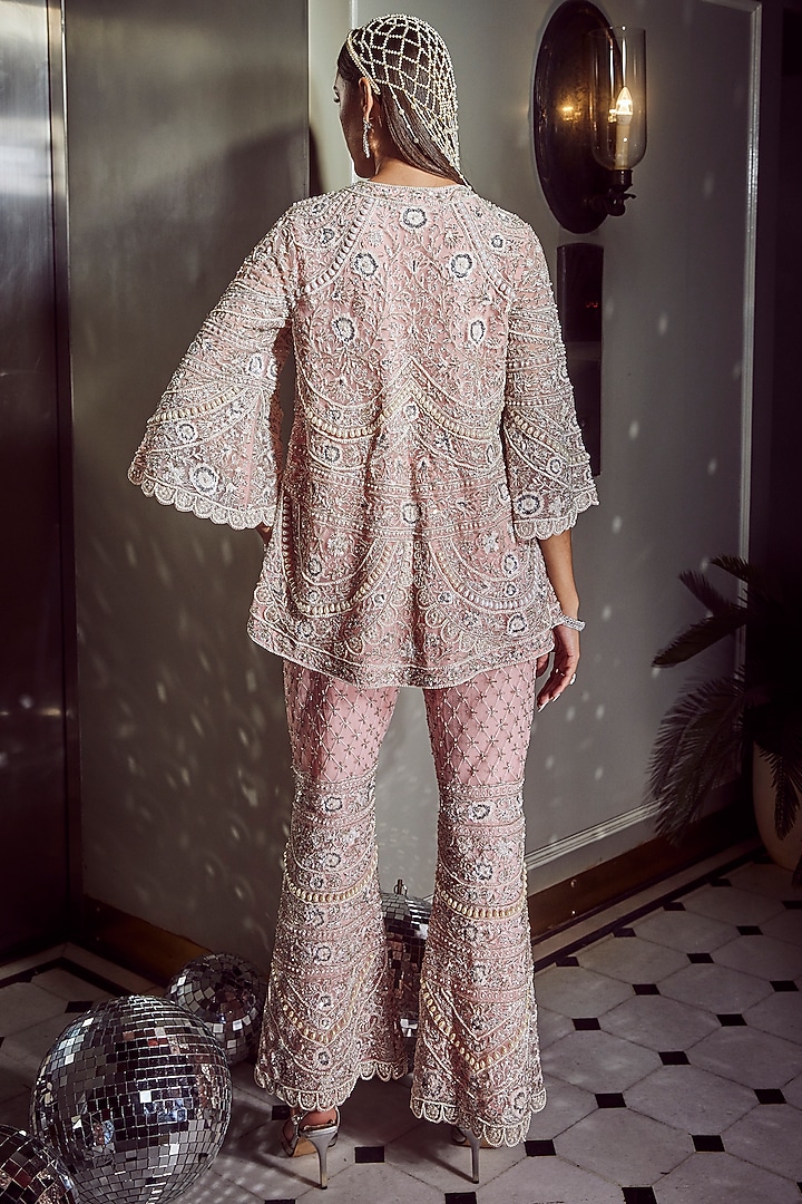 Pink Net Embellished Flared Pant Set by Devika Bhayana at Pernia's Pop Up Shop