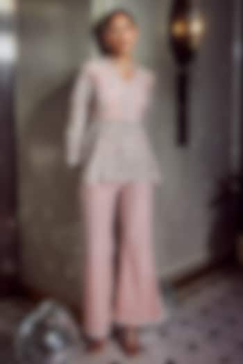 Pink Net Embellished Flared Pant Set by Devika Bhayana at Pernia's Pop Up Shop