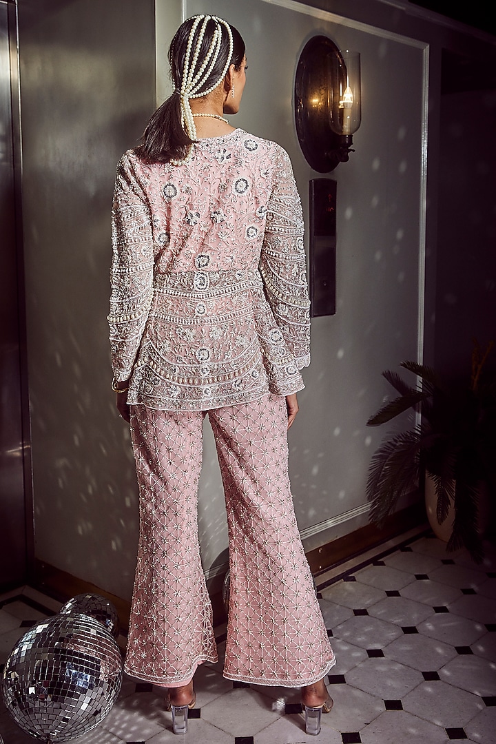 Pink Net Embellished Flared Pant Set by Devika Bhayana at Pernia's Pop Up Shop