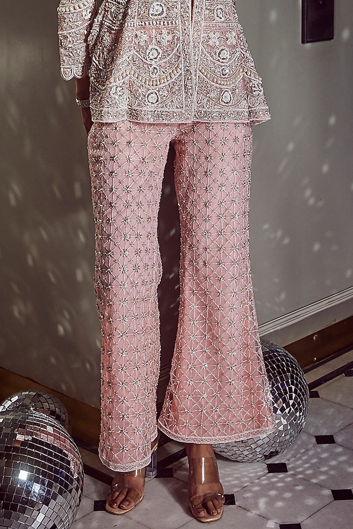 Pink Net Embellished Flared Pant Set by Devika Bhayana at Pernia's Pop Up Shop