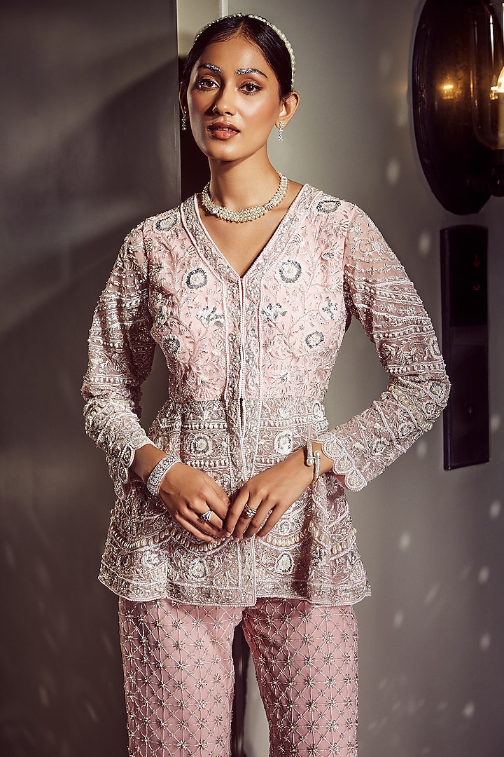 Pink Net Embellished Flared Pant Set by Devika Bhayana at Pernia's Pop Up Shop