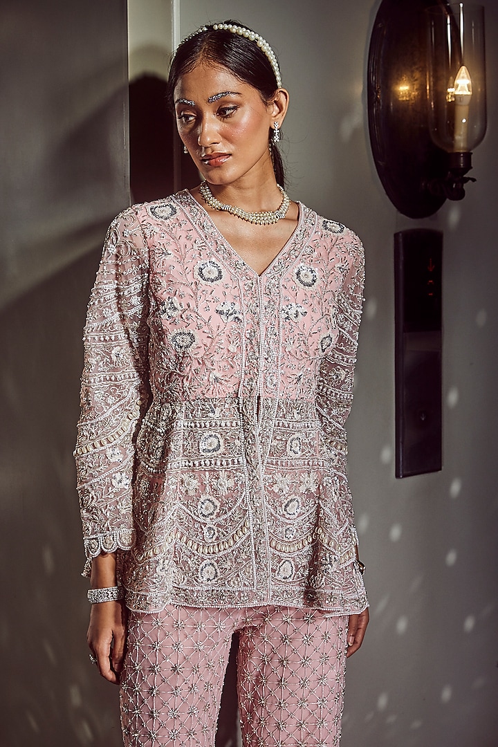 Pink Net Embellished Flared Pant Set by Devika Bhayana at Pernia's Pop Up Shop
