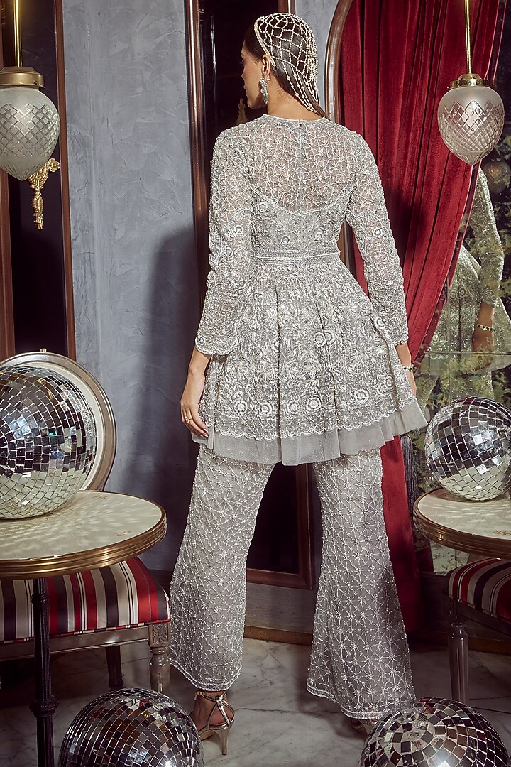 Grey Net Embellished Flared Pant Set by Devika Bhayana at Pernia's Pop Up Shop