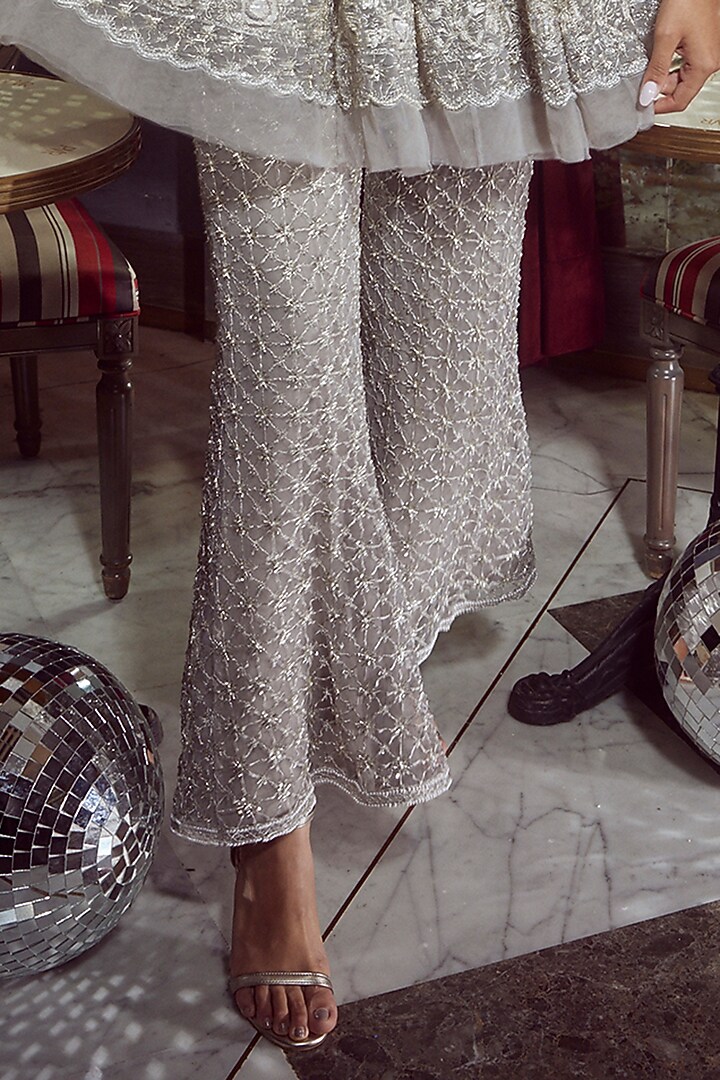 Grey Net Embellished Flared Pant Set by Devika Bhayana at Pernia's Pop Up Shop
