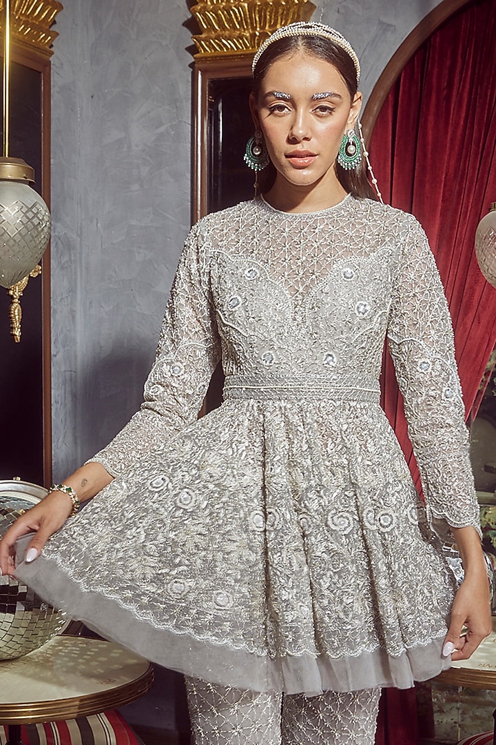 Grey Net Embellished Flared Pant Set by Devika Bhayana at Pernia's Pop Up Shop