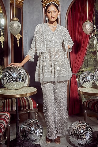 Grey Net Embellished Flared Pant Set by Devika Bhayana